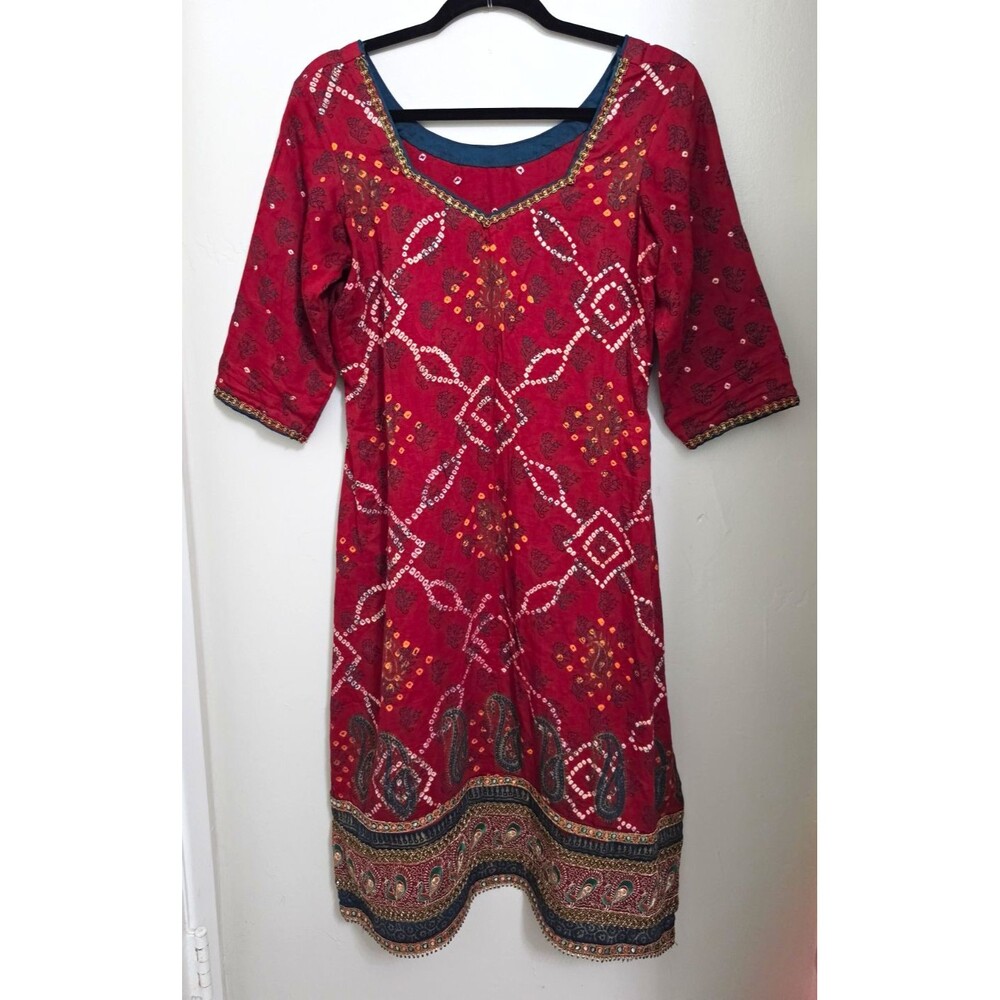 Women’s Red Printed Kurti Kurta Tunic 3/4 Sleeve Embellished Trim One Size